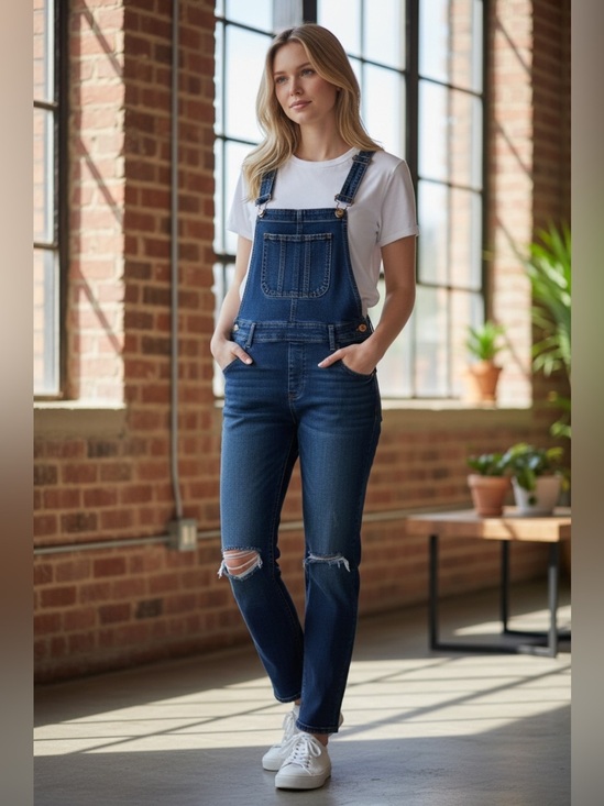 Express Denim - Express Dark Blue Denim Overalls with Knee Rips